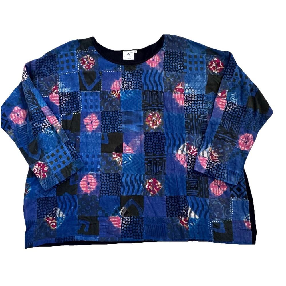 MarketPlace Handwork of India 100% Cotton Patchwork Blue Blouse Plus 2W 22-24